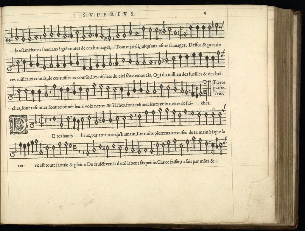 An illustration from Superius. Sizieme livre de pseaumes de David. Mis en musique a quatre parties en forme de motetz. Par Claude Goudimel., 1565, leaf 16