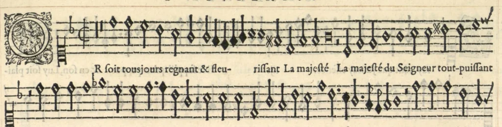 An illustration from Superius. Sizieme livre de pseaumes de David. Mis en musique a quatre parties en forme de motetz. Par Claude Goudimel., 1565, leaf 24