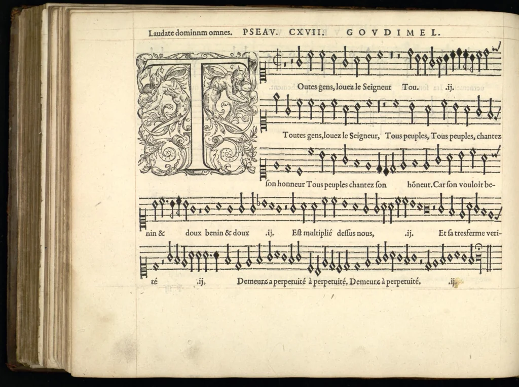 An illustration from Superius. Sizieme livre de pseaumes de David. Mis en musique a quatre parties en forme de motetz. Par Claude Goudimel., 1565, leaf 55