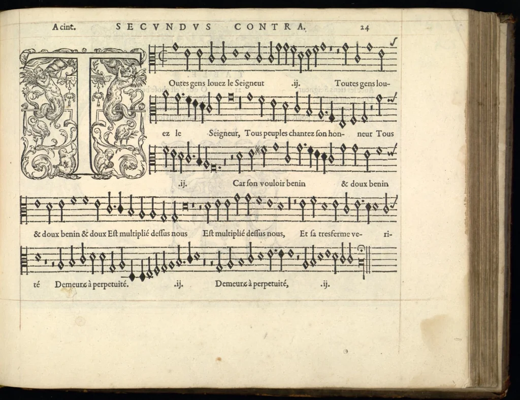 An illustration from Superius. Sizieme livre de pseaumes de David. Mis en musique a quatre parties en forme de motetz. Par Claude Goudimel., 1565, leaf 56