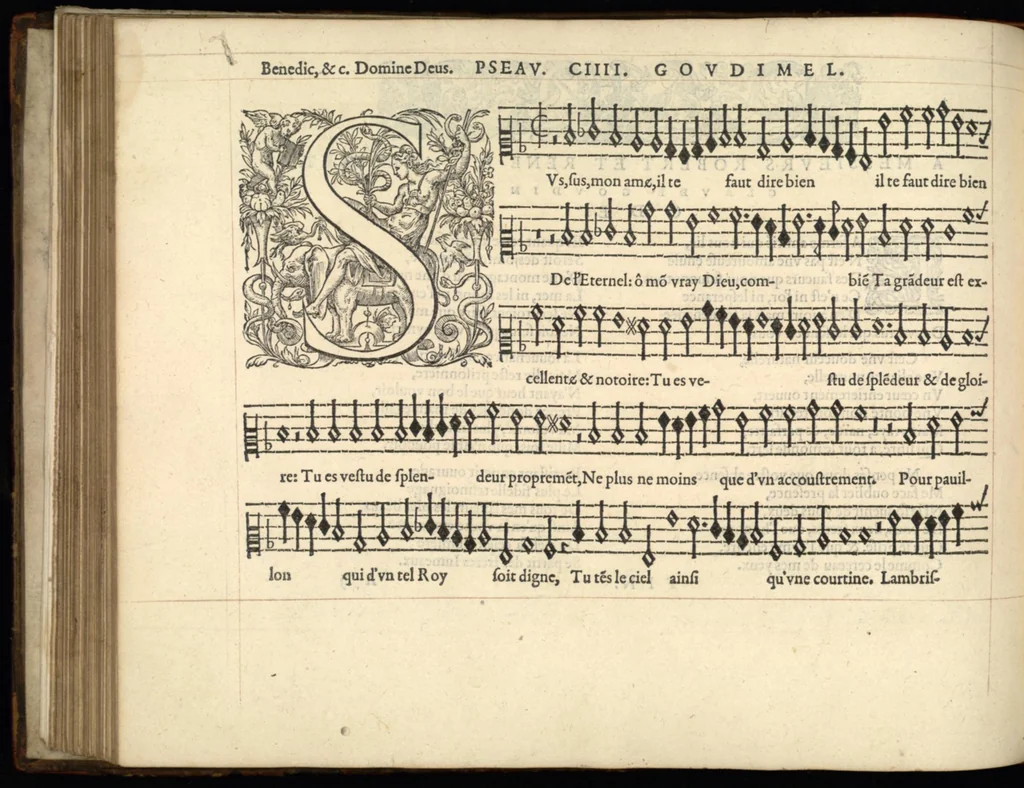 An illustration from Contratenor. Sizieme livre de pseaumes de David. Mis en musique a quatre parties en forme de motetz. Par Claude Goudimel., 1565, leaf 13