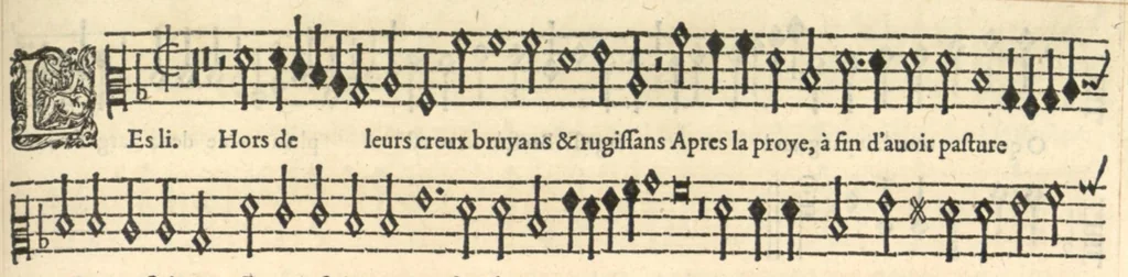 An illustration from Contratenor. Sizieme livre de pseaumes de David. Mis en musique a quatre parties en forme de motetz. Par Claude Goudimel., 1565, leaf 20