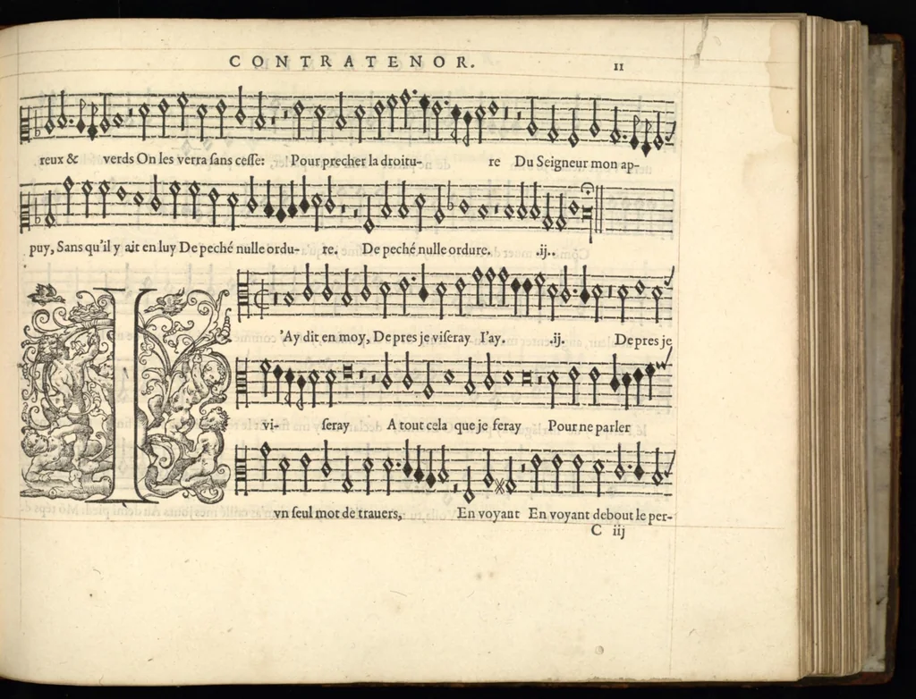 An illustration from Contratenor. Sizieme livre de pseaumes de David. Mis en musique a quatre parties en forme de motetz. Par Claude Goudimel., 1565, leaf 30