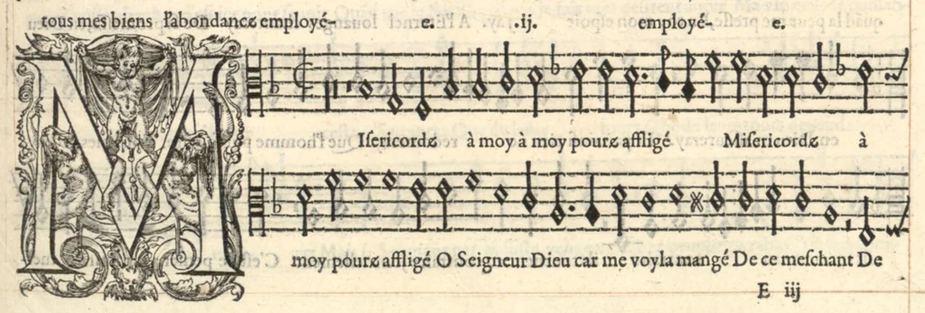 An illustration from Contratenor. Sizieme livre de pseaumes de David. Mis en musique a quatre parties en forme de motetz. Par Claude Goudimel., 1565, leaf 46