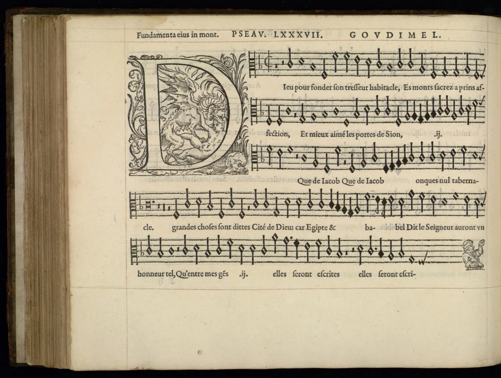 An illustration from Tenor. Sizieme livre de pseaumes de David. Mis en musique a quatre parties en forme de motetz. Par Claude Goudimel., 1565, leaf 45