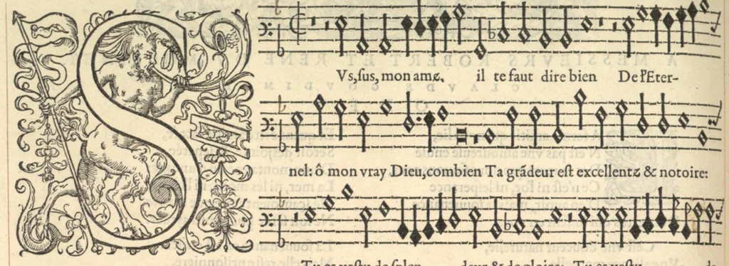 An illustration from Bassus. Sizieme livre de pseaumes de David. Mis en musique a quatre parties en forme de motetz. Par Claude Goudimel., 1565, leaf 13