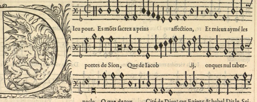 An illustration from Bassus. Sizieme livre de pseaumes de David. Mis en musique a quatre parties en forme de motetz. Par Claude Goudimel., 1565, leaf 36