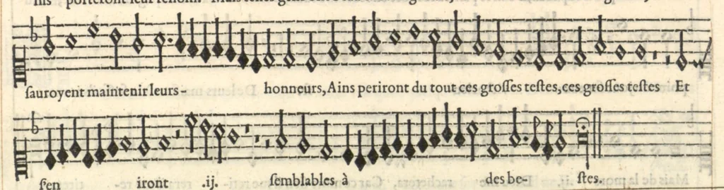 An illustration from Superius. Septieme livre de pseaumes de David. Mis en musique a quatre parties en forme de motetz. Par Claude Goudimel, 1566, leaf 16