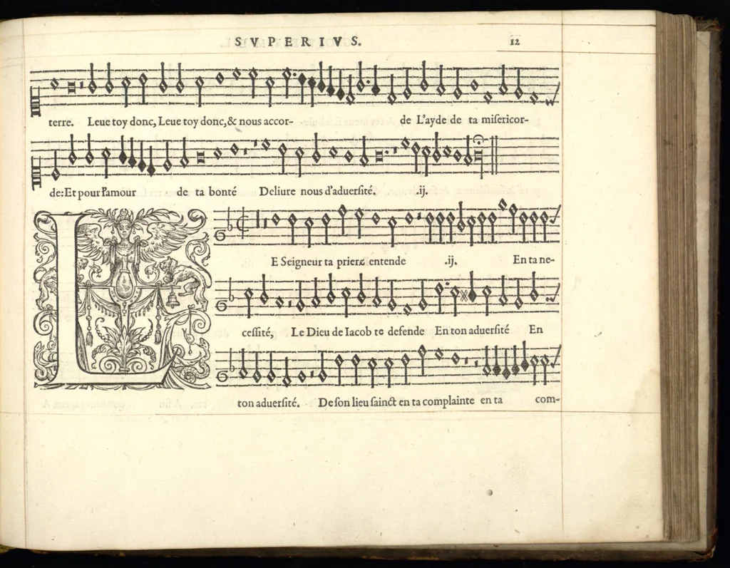 An illustration from Superius. Septieme livre de pseaumes de David. Mis en musique a quatre parties en forme de motetz. Par Claude Goudimel, 1566, leaf 32