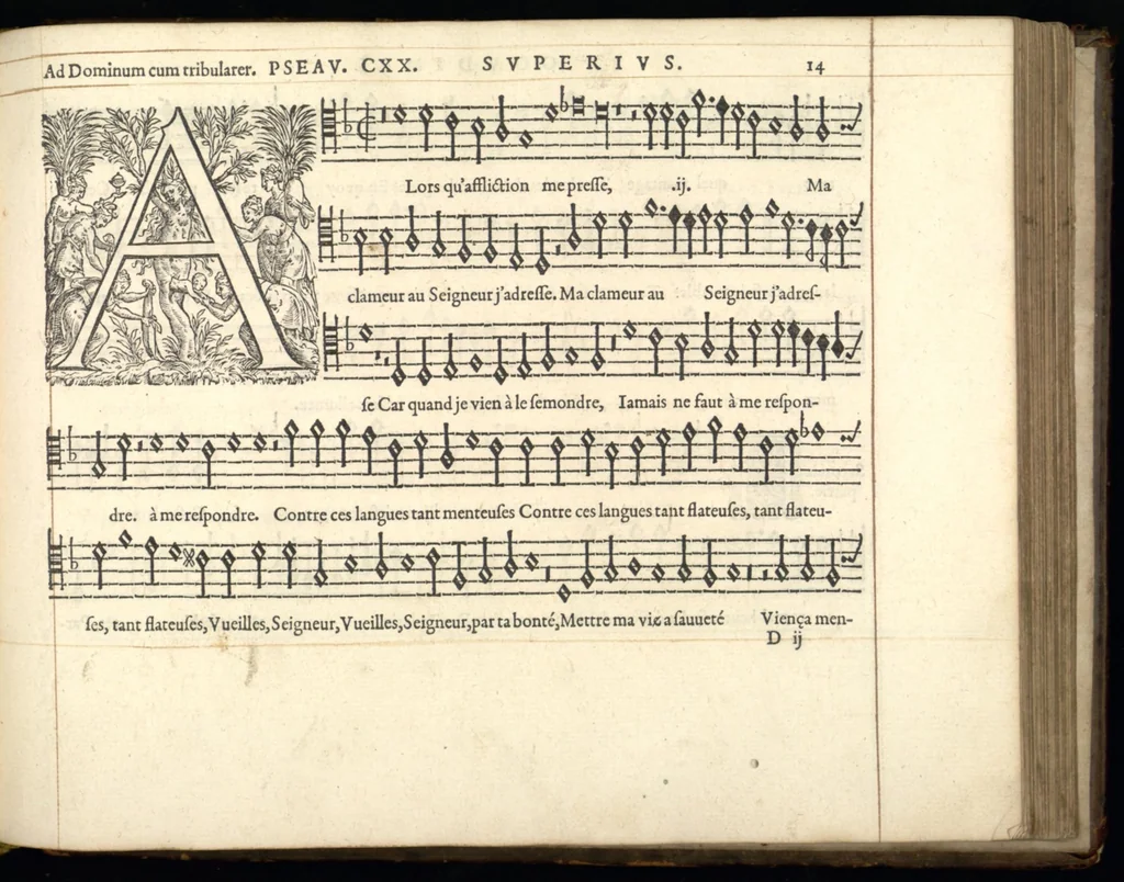 An illustration from Superius. Septieme livre de pseaumes de David. Mis en musique a quatre parties en forme de motetz. Par Claude Goudimel, 1566, leaf 36