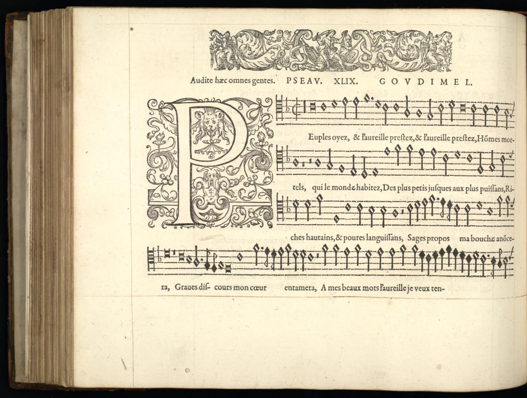 An illustration from Contratenor. Septieme livre de pseaumes de David. Mis en musique a quatre parties en forme de motetz. Par Claude Goudimel, 1566, leaf 13