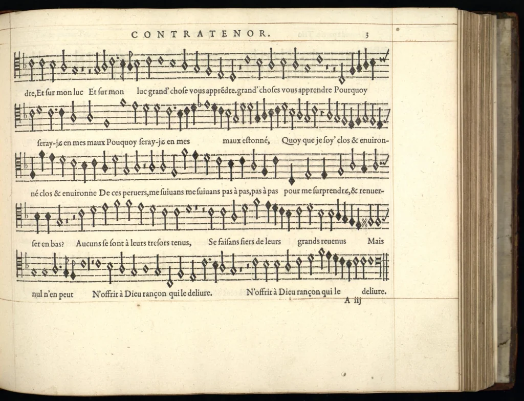 An illustration from Contratenor. Septieme livre de pseaumes de David. Mis en musique a quatre parties en forme de motetz. Par Claude Goudimel, 1566, leaf 14