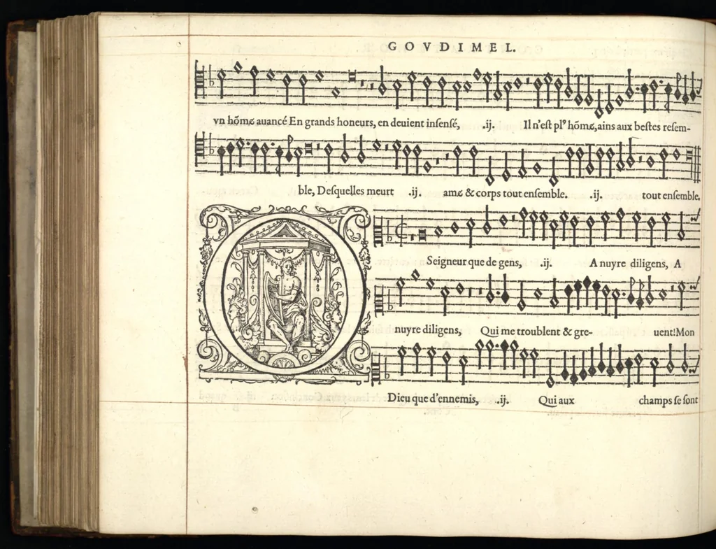 An illustration from Contratenor. Septieme livre de pseaumes de David. Mis en musique a quatre parties en forme de motetz. Par Claude Goudimel, 1566, leaf 19