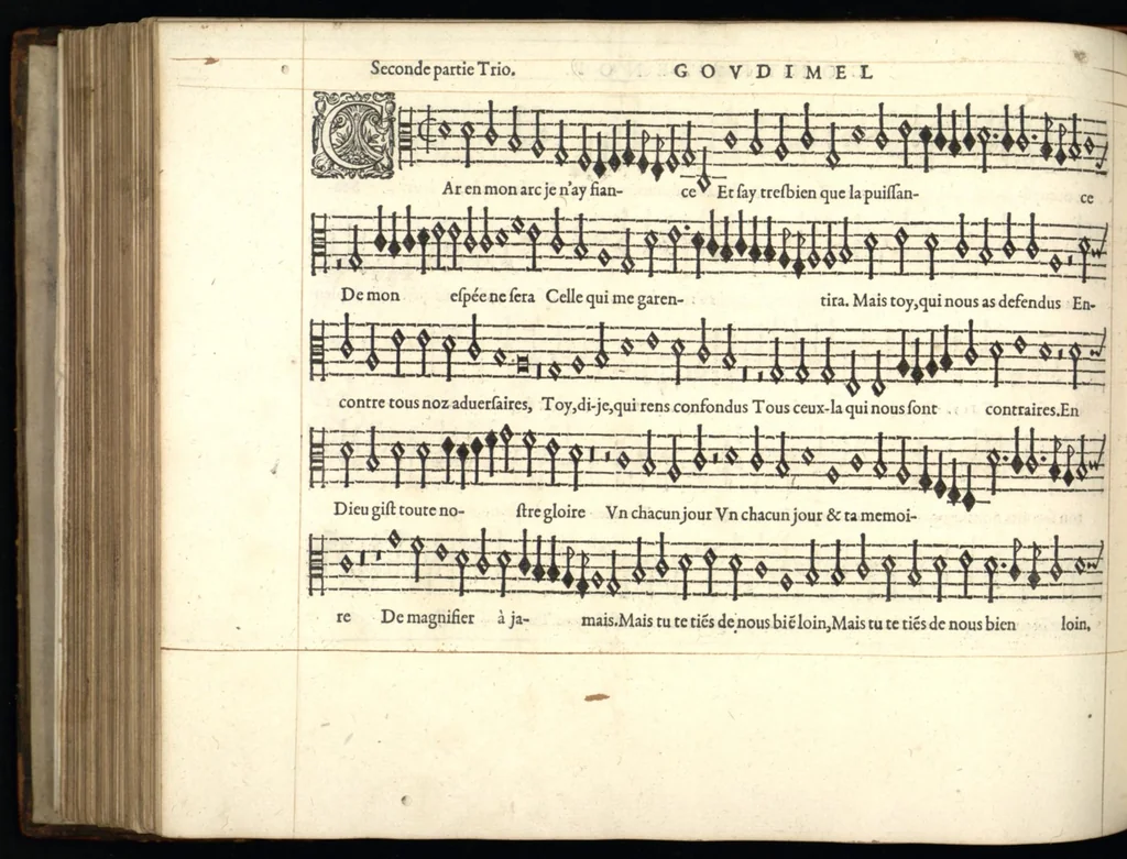 An illustration from Contratenor. Septieme livre de pseaumes de David. Mis en musique a quatre parties en forme de motetz. Par Claude Goudimel, 1566, leaf 25