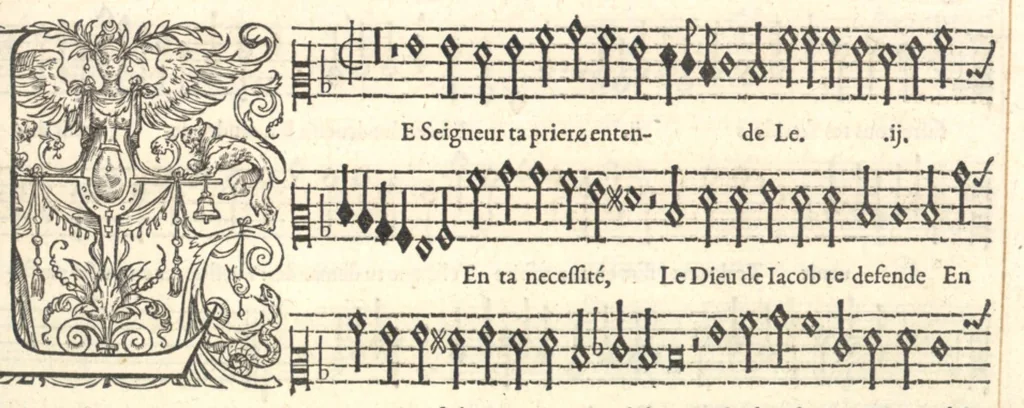 An illustration from Contratenor. Septieme livre de pseaumes de David. Mis en musique a quatre parties en forme de motetz. Par Claude Goudimel, 1566, leaf 32