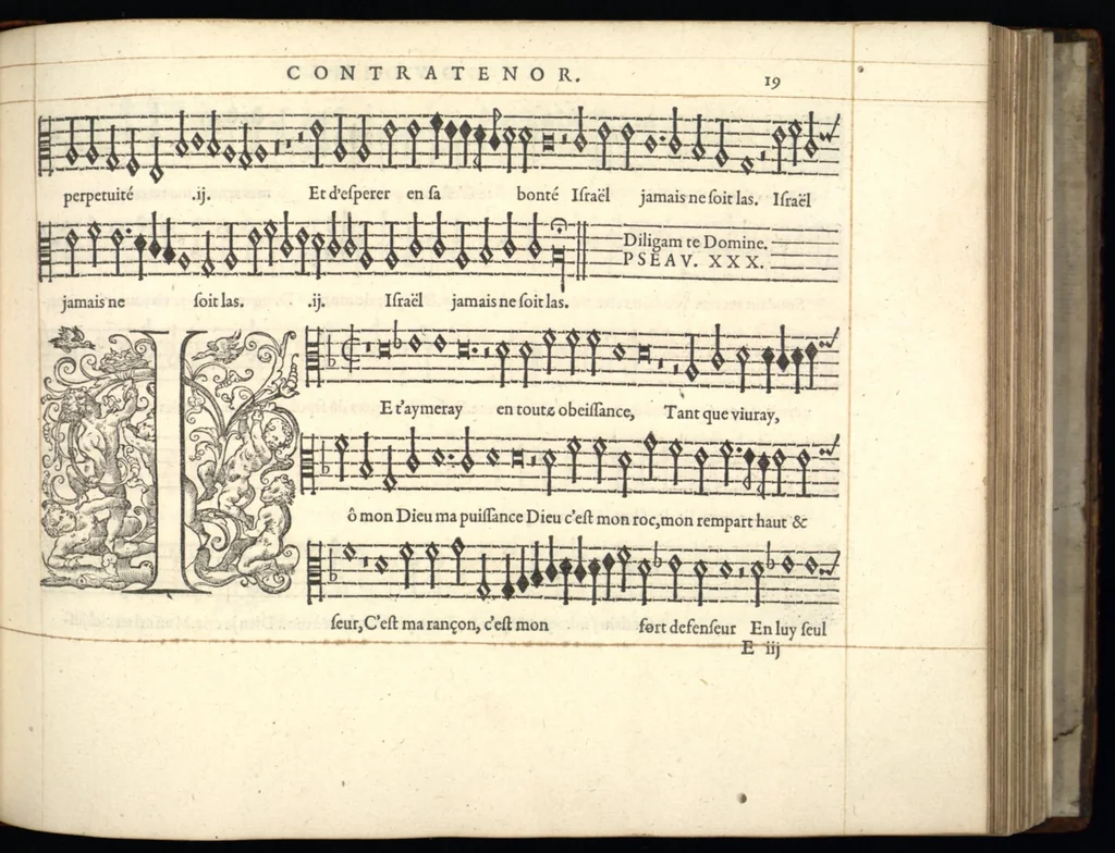 An illustration from Contratenor. Septieme livre de pseaumes de David. Mis en musique a quatre parties en forme de motetz. Par Claude Goudimel, 1566, leaf 46