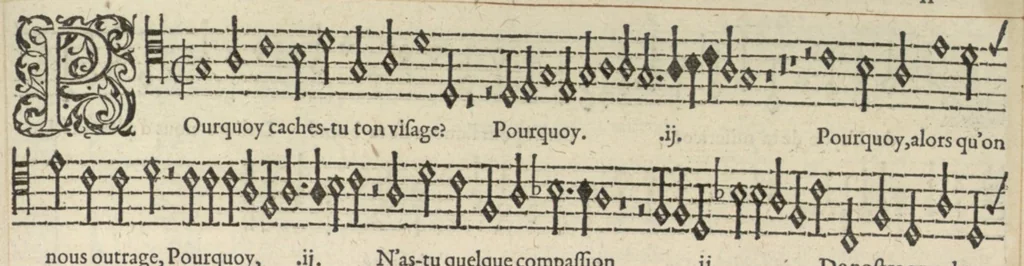 An illustration from Tenor. Septieme livre de pseaumes de David. Mis en musique a quatre parties en forme de motetz. Par Claude Goudimel, 1566, leaf 30