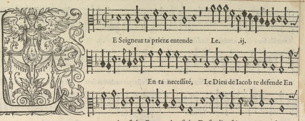 An illustration from Tenor. Septieme livre de pseaumes de David. Mis en musique a quatre parties en forme de motetz. Par Claude Goudimel, 1566, leaf 32