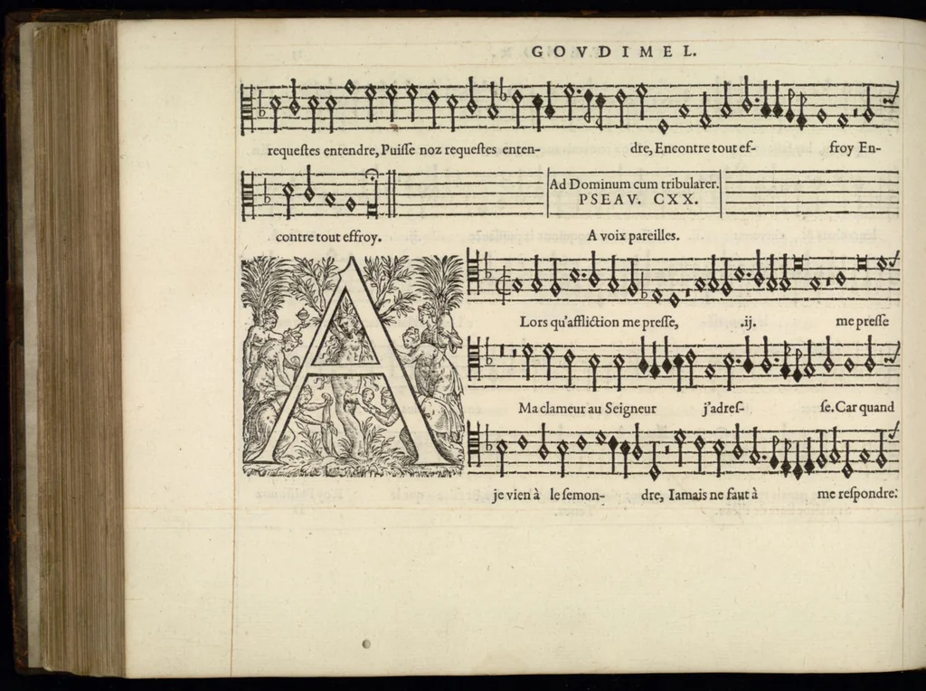 An illustration from Tenor. Septieme livre de pseaumes de David. Mis en musique a quatre parties en forme de motetz. Par Claude Goudimel, 1566, leaf 35