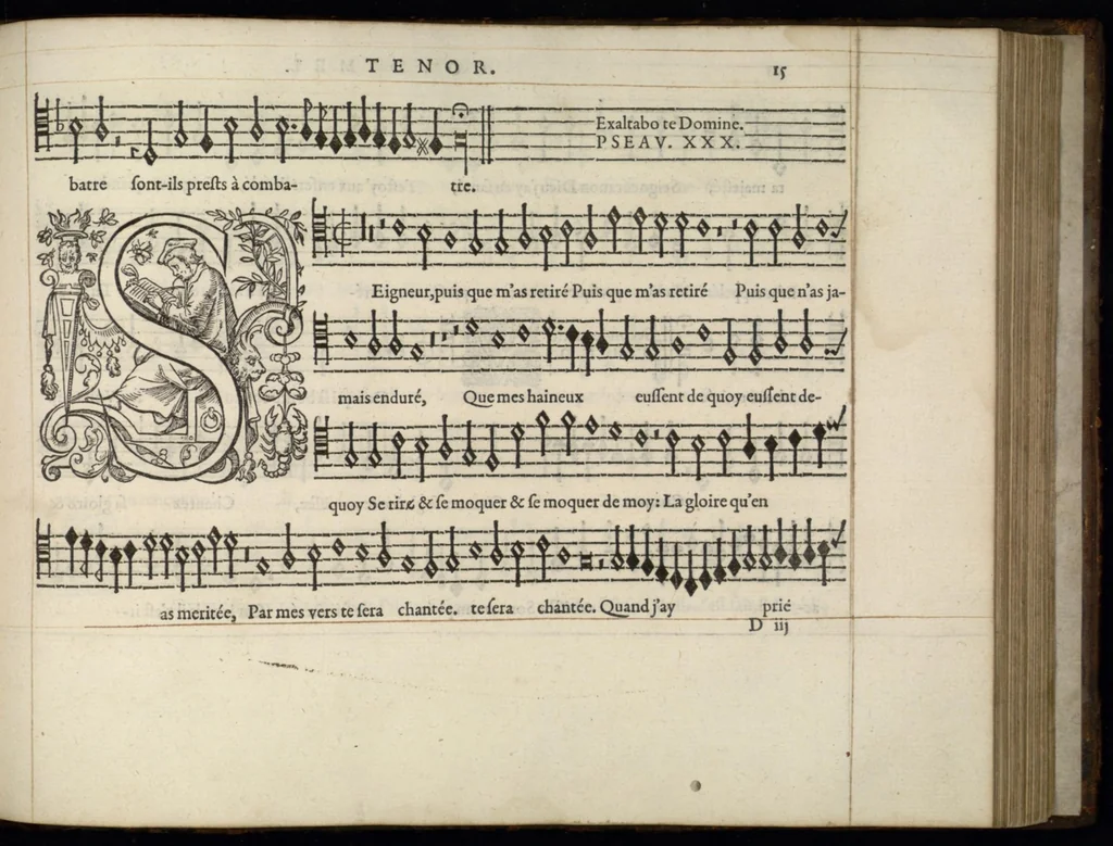 An illustration from Tenor. Septieme livre de pseaumes de David. Mis en musique a quatre parties en forme de motetz. Par Claude Goudimel, 1566, leaf 38