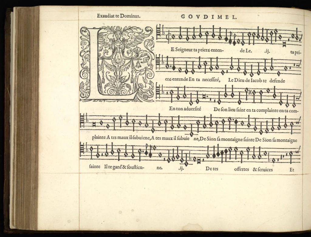 An illustration from Bassus. Septieme livre de pseaumes de David. Mis en musique a quatre parties en forme de motetz. Par Claude Goudimel, 1566, leaf 29