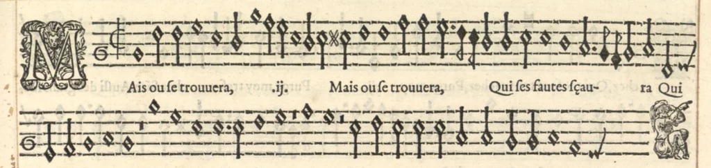 An illustration from Superius. Huitieme livre de pseaumes de David mis en musique a quatre parties en forme de motetz par Claude Goudimel., 1566, leaf 22