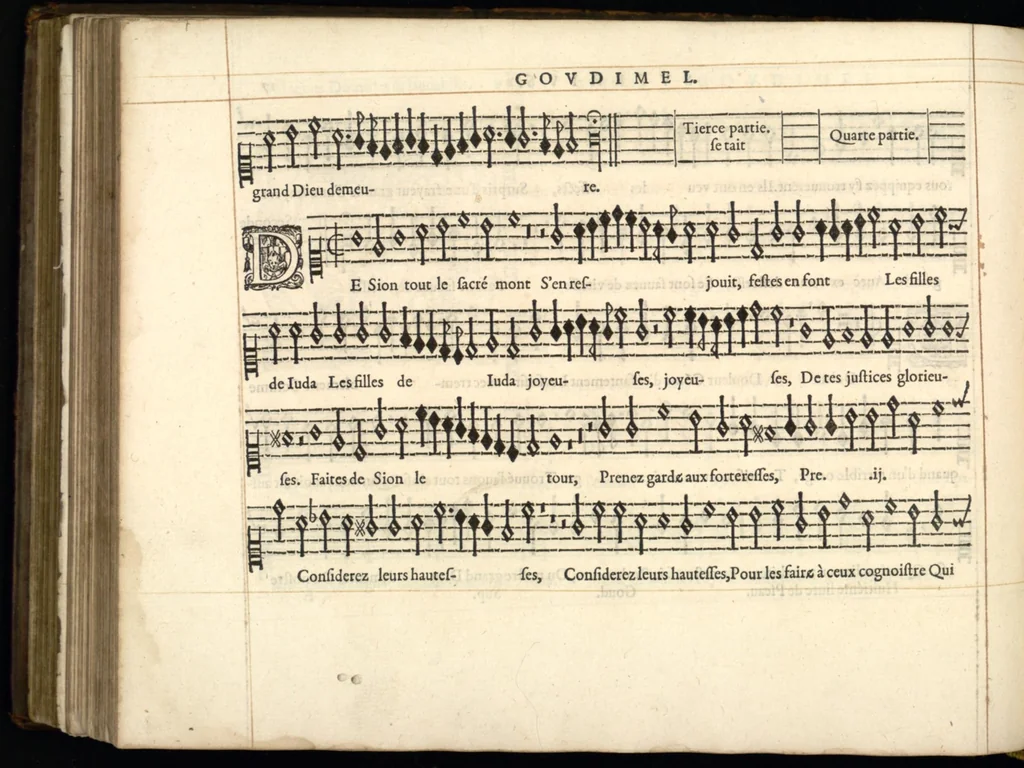 An illustration from Superius. Huitieme livre de pseaumes de David mis en musique a quatre parties en forme de motetz par Claude Goudimel., 1566, leaf 43