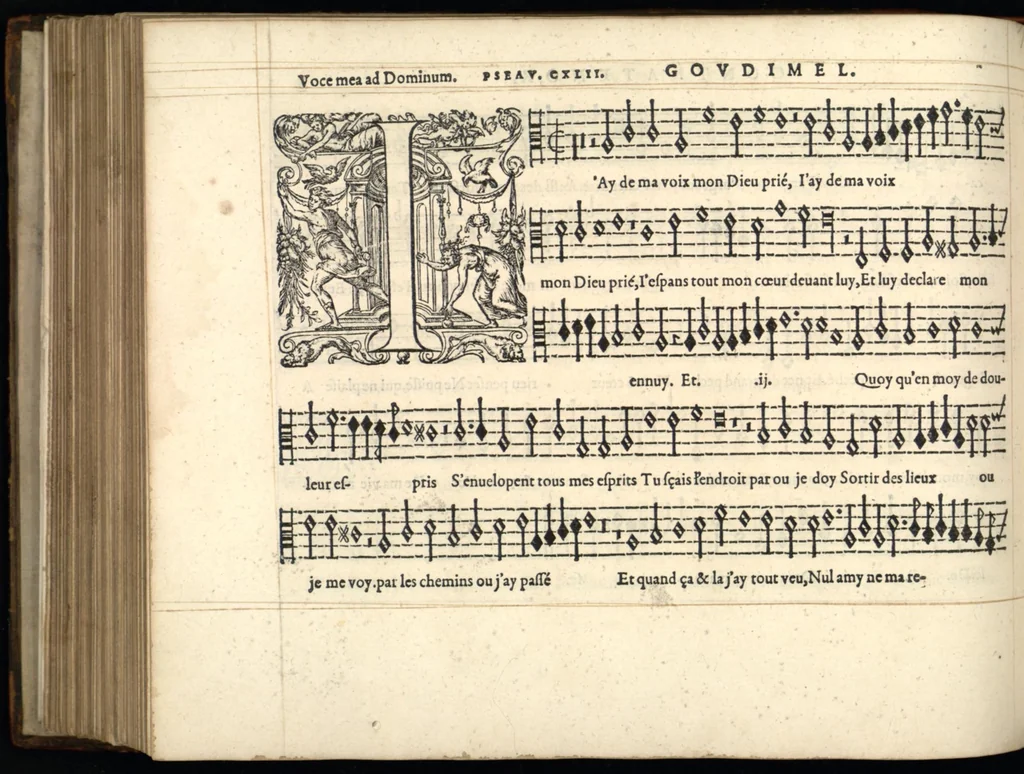 An illustration from Contratenor. Huitieme livre de pseaumes de David mis en musique a quatre parties en forme de motetz par Claude Goudimel., 1566, leaf 25