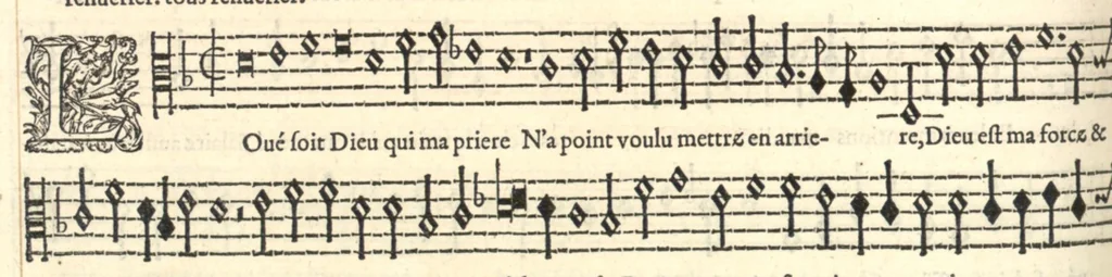 An illustration from Contratenor. Huitieme livre de pseaumes de David mis en musique a quatre parties en forme de motetz par Claude Goudimel., 1566, leaf 47