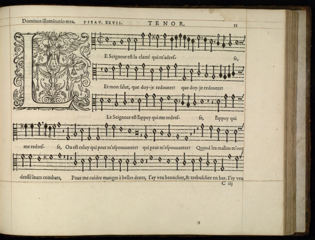 An illustration from Tenor. Huitieme livre de pseaumes de David mis en musique a quatre parties en forme de motetz par Claude Goudimel., 1566, leaf 30