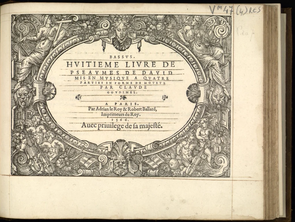 An illustration from Bassus. Huitieme livre de pseaumes de David mis en musique a quatre parties en forme de motetz par Claude Goudimel., 1566, leaf 10