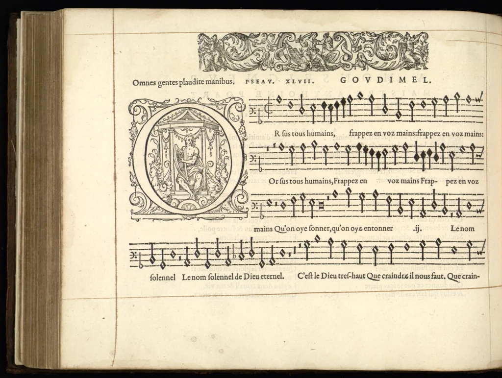 An illustration from Bassus. Huitieme livre de pseaumes de David mis en musique a quatre parties en forme de motetz par Claude Goudimel., 1566, leaf 13
