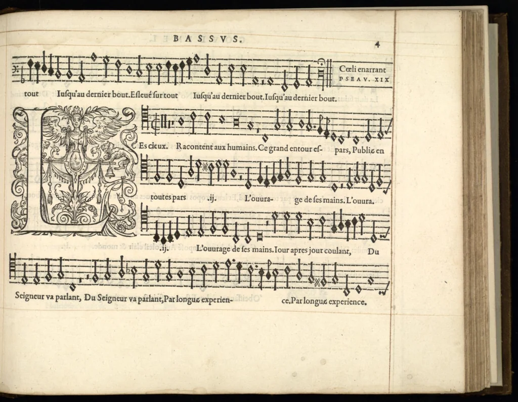 An illustration from Bassus. Huitieme livre de pseaumes de David mis en musique a quatre parties en forme de motetz par Claude Goudimel., 1566, leaf 16
