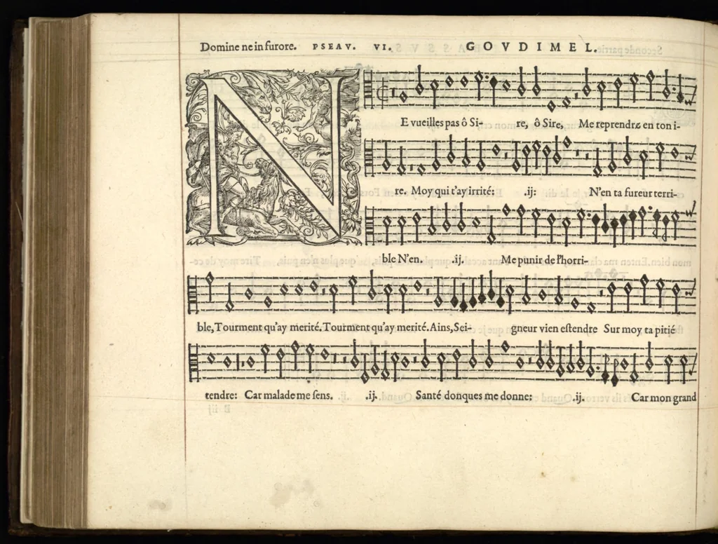 An illustration from Bassus. Huitieme livre de pseaumes de David mis en musique a quatre parties en forme de motetz par Claude Goudimel., 1566, leaf 23