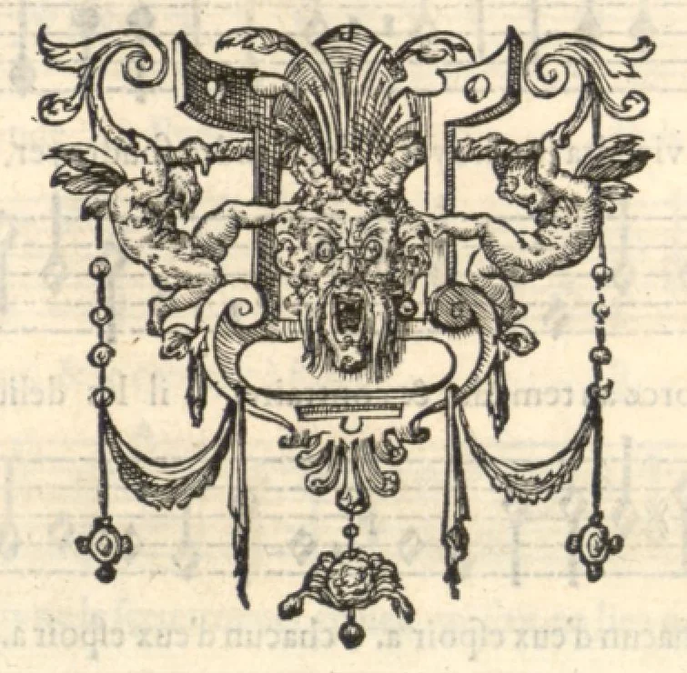 An illustration from Bassus. Huitieme livre de pseaumes de David mis en musique a quatre parties en forme de motetz par Claude Goudimel., 1566, leaf 49