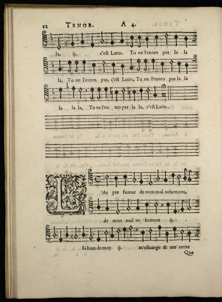 An illustration from Livre de melanges de C. le Jeune. Tenor, 1585, leaf 29
