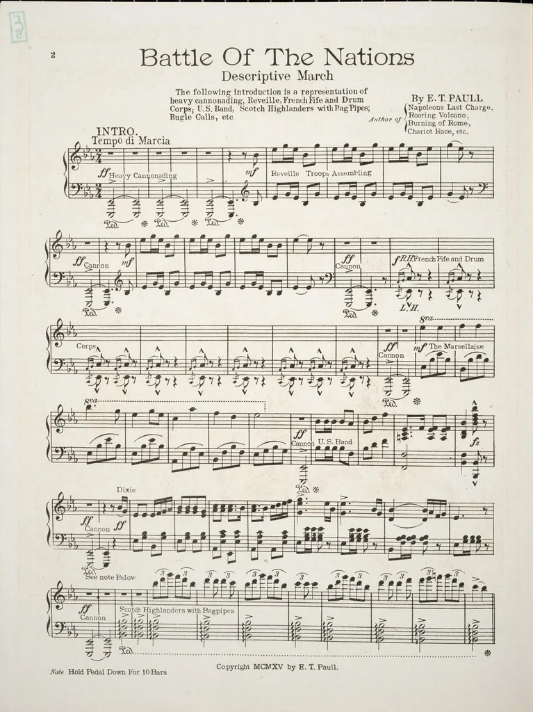 An illustration from Battle of the nations : march descriptive, 1915, leaf 2