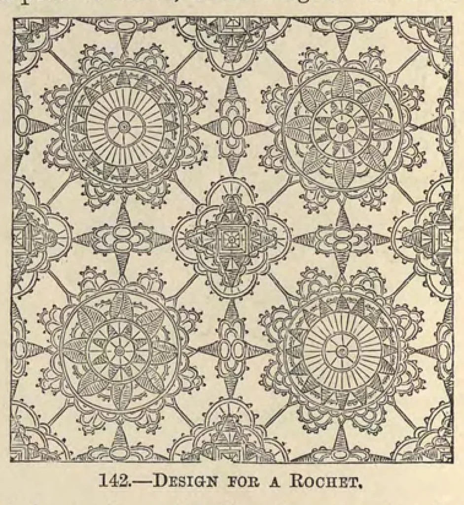 An illustration from Beeton's book of needlework : consisting of Ladies' lace book, Crochet patterns, Ornamental needlework, Macrame lace, Children's fancy book, Church embroidery, Drawn linen work, 1800, leaf 53