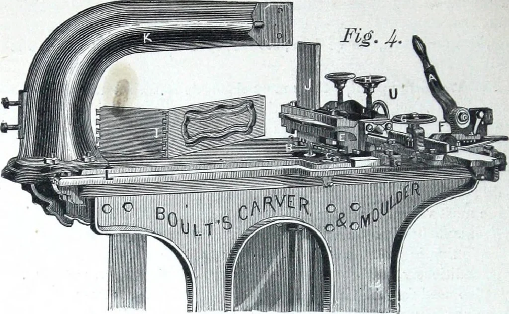 An illustration from Boult's carving, paneling, moulding and dovetailing machine for shaping, edge moulding, surface moulding, moulding scroll or fret work, paneling, dovetailing, etc, 1880, leaf 11