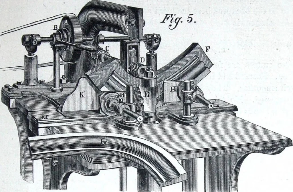 An illustration from Boult's carving, paneling, moulding and dovetailing machine for shaping, edge moulding, surface moulding, moulding scroll or fret work, paneling, dovetailing, etc, 1880, leaf 12