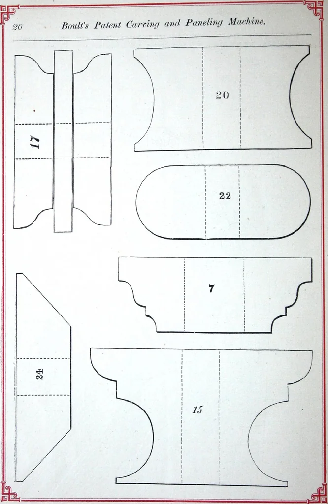 An illustration from Boult's carving, paneling, moulding and dovetailing machine for shaping, edge moulding, surface moulding, moulding scroll or fret work, paneling, dovetailing, etc, 1880, leaf 21