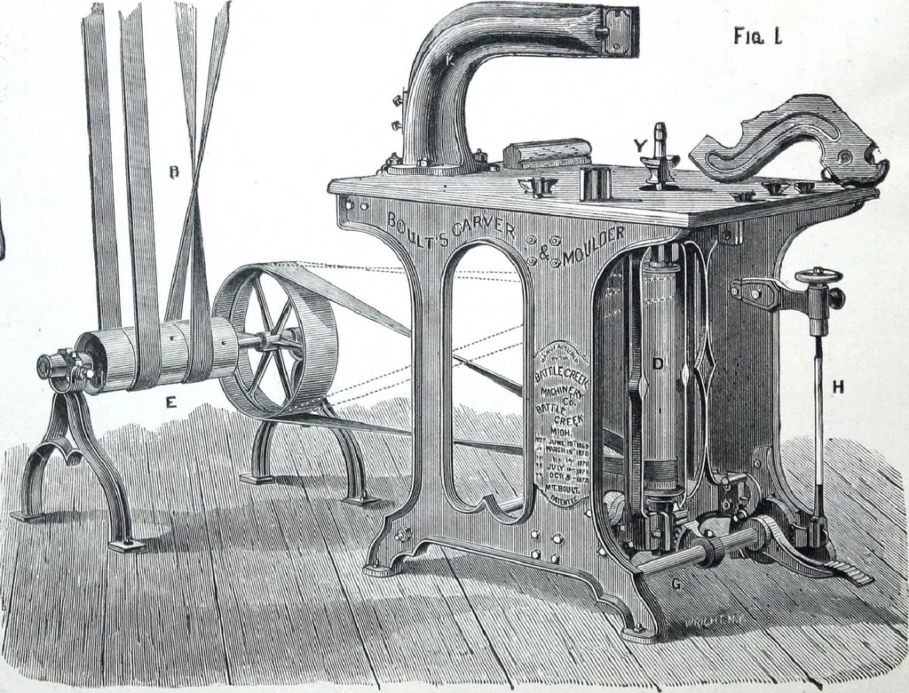 An illustration from Boult's carving, paneling, moulding and dovetailing machine for shaping, edge moulding, surface moulding, moulding scroll or fret work, paneling, dovetailing, etc, 1880, leaf 3