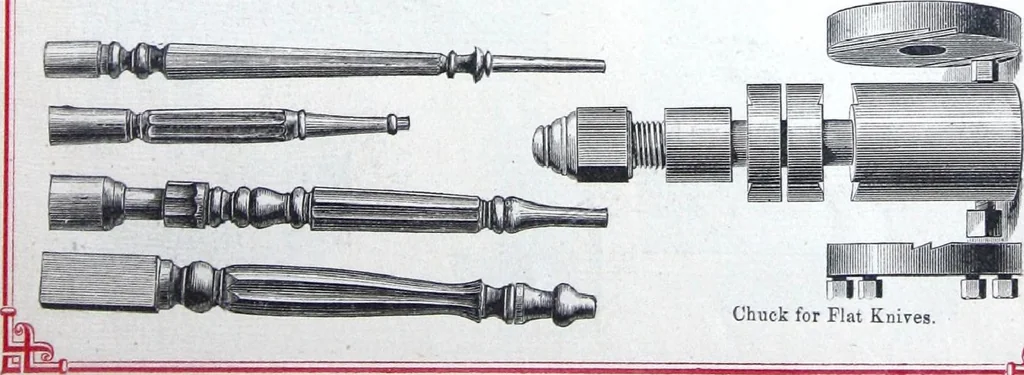 An illustration from Boult's carving, paneling, moulding and dovetailing machine for shaping, edge moulding, surface moulding, moulding scroll or fret work, paneling, dovetailing, etc, 1880, leaf 4