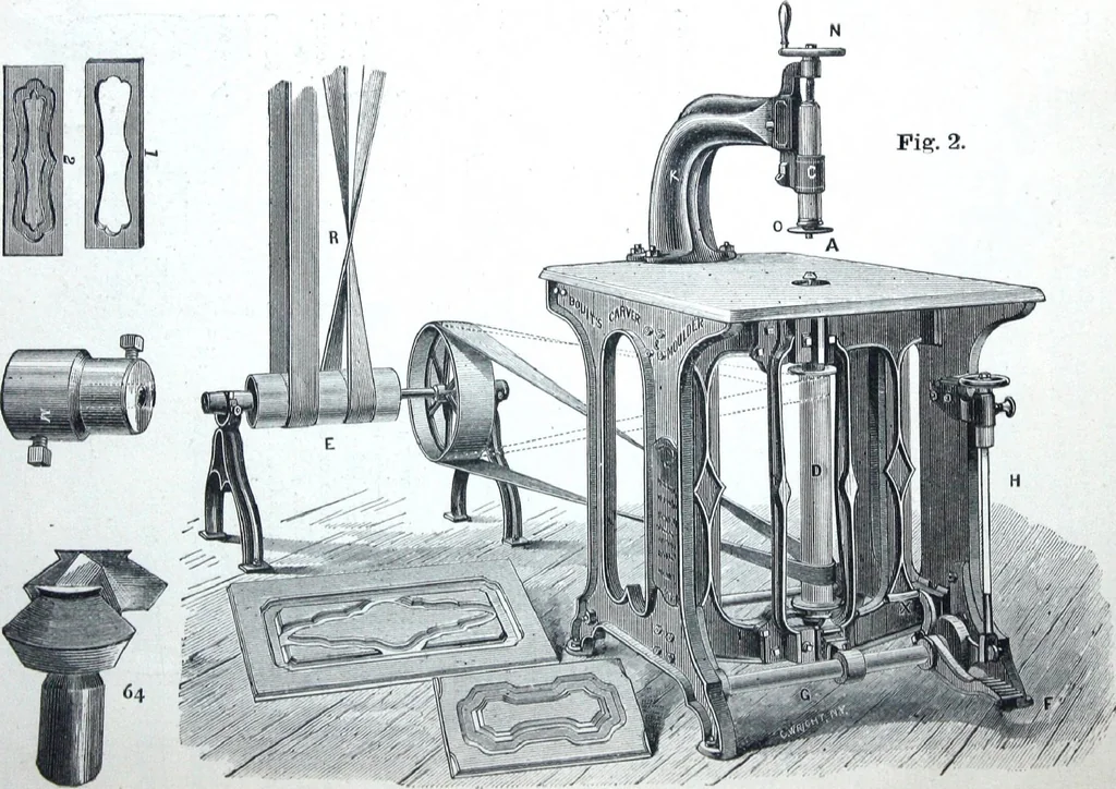 An illustration from Boult's carving, paneling, moulding and dovetailing machine for shaping, edge moulding, surface moulding, moulding scroll or fret work, paneling, dovetailing, etc, 1880, leaf 5