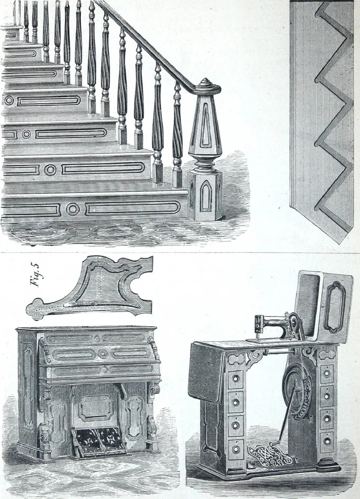 An illustration from Boult's carving, paneling, moulding and dovetailing machine for shaping, edge moulding, surface moulding, moulding scroll or fret work, paneling, dovetailing, etc, 1880, leaf 7