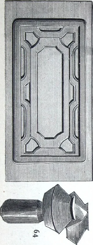 An illustration from Boult's carving, paneling, moulding and dovetailing machine for shaping, edge moulding, surface moulding, moulding scroll or fret work, paneling, dovetailing, etc, 1880, leaf 8