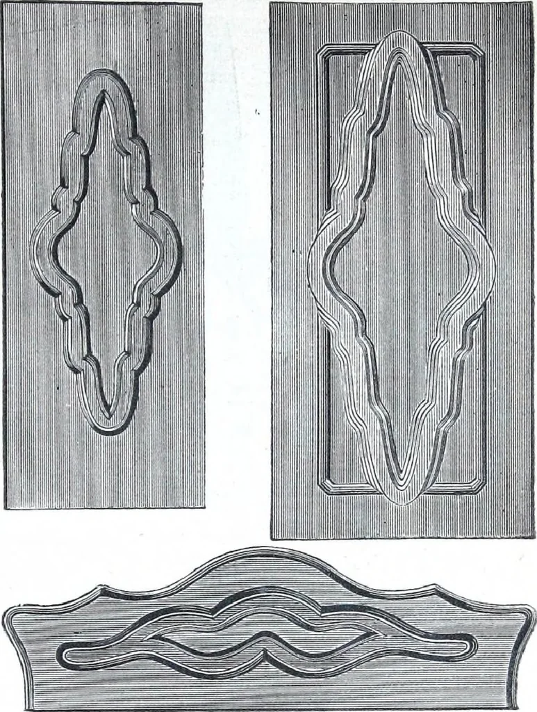 An illustration from Boult's carving, paneling, moulding and dovetailing machine for shaping, edge moulding, surface moulding, moulding scroll or fret work, paneling, dovetailing, etc, 1880, leaf 8