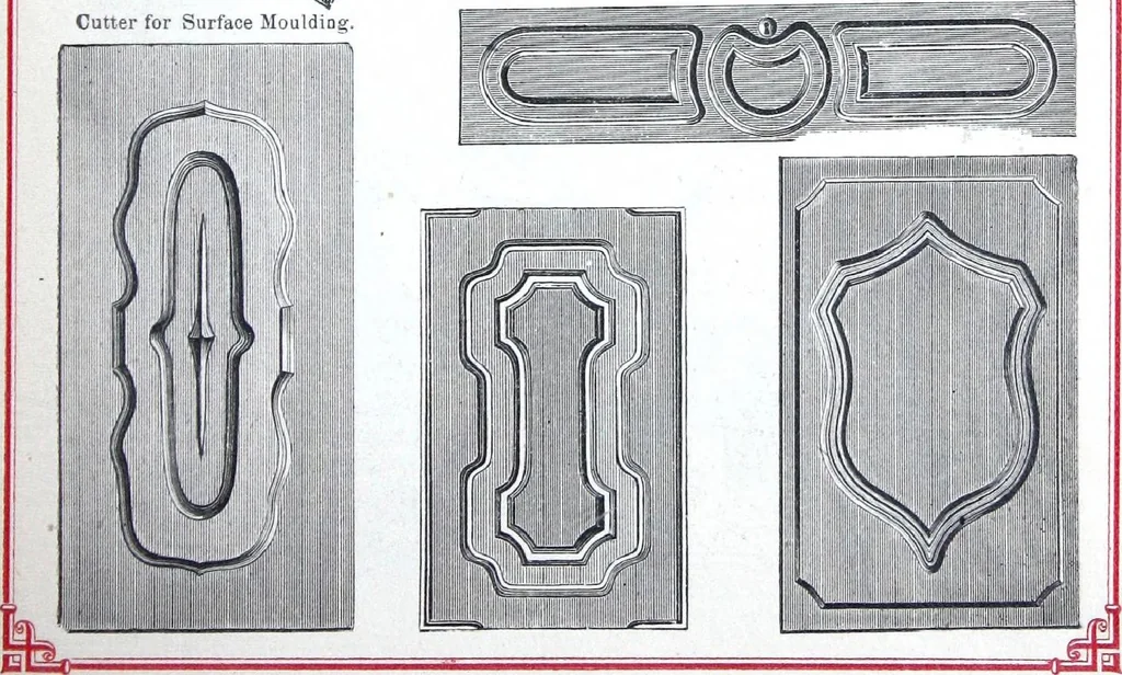 An illustration from Boult's carving, paneling, moulding and dovetailing machine for shaping, edge moulding, surface moulding, moulding scroll or fret work, paneling, dovetailing, etc, 1880, leaf 8