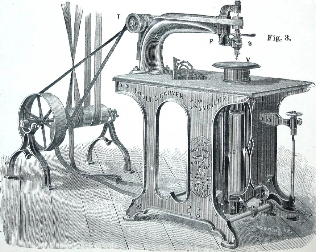 An illustration from Boult's carving, paneling, moulding and dovetailing machine for shaping, edge moulding, surface moulding, moulding scroll or fret work, paneling, dovetailing, etc, 1880, leaf 9