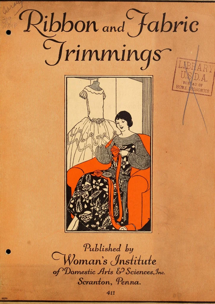 An illustration from Ribbon and fabric trimmings : a variety of appropriate dress trimmings that can be made from ribbon and fabric, with directions for their making, 1925, leaf 3